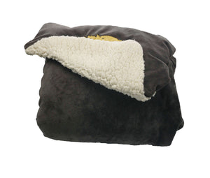 Nazarian swag sherpa fleece blanket folded to show soft dark fleece exterior and cozy ivory sherpa lining inside.