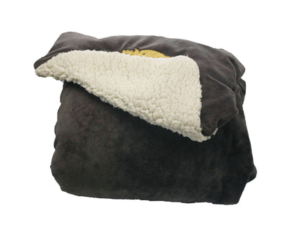 Nazarian swag sherpa fleece blanket folded to show soft dark fleece exterior and cozy ivory sherpa lining inside.
