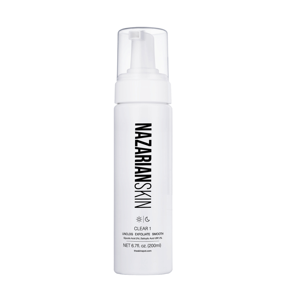 NazarianSkin Clear 1 glycolic and salicylic acid foaming cleanser that exfoliates skin unclogs pores and improves clarity.