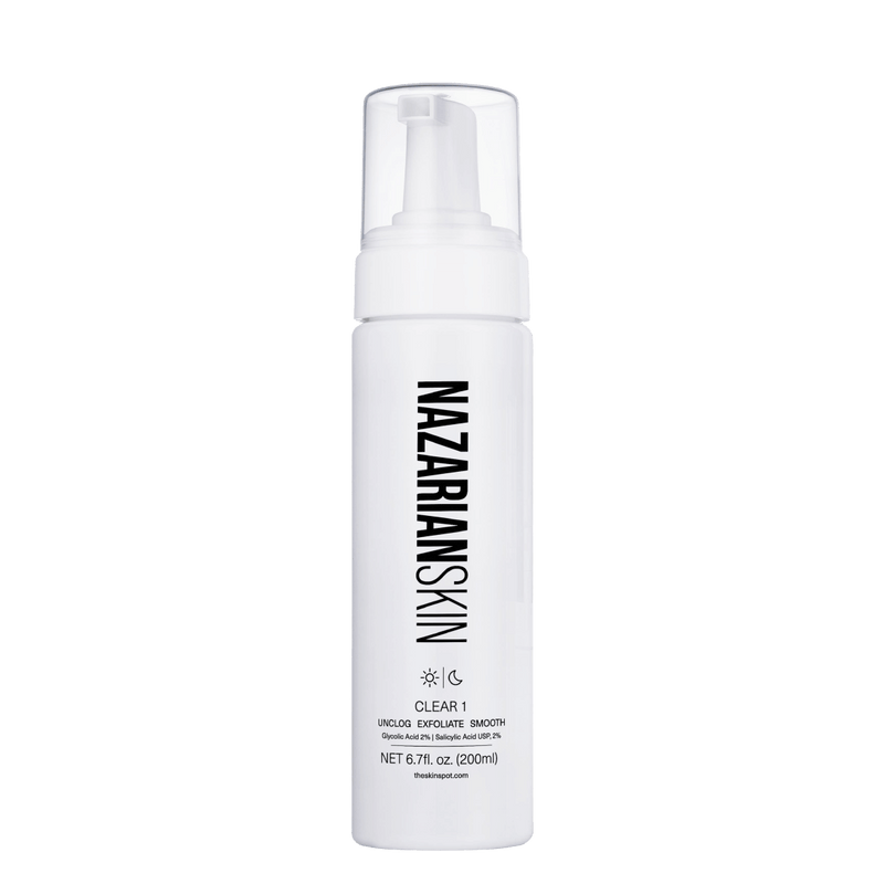 NazarianSkin Clear 1 glycolic and salicylic acid foaming cleanser that exfoliates skin unclogs pores and improves clarity.