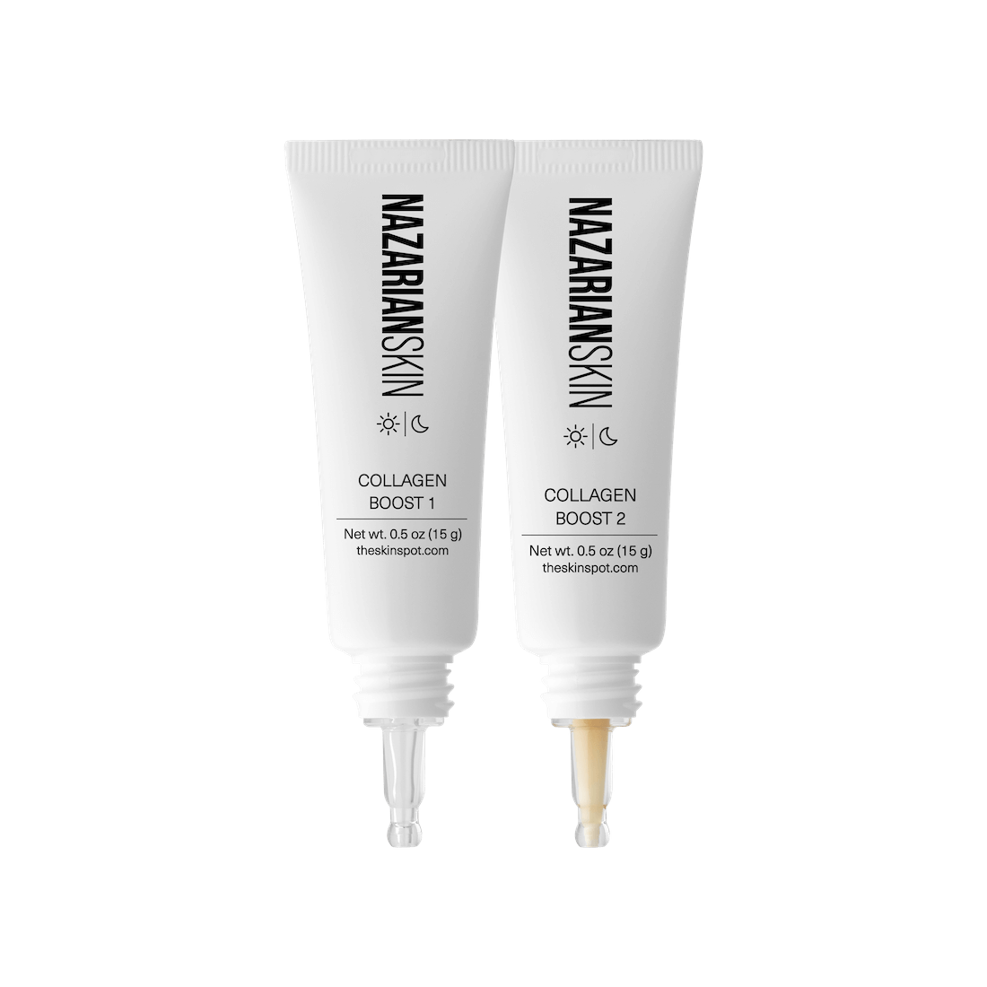 NazarianSkin collagen boost dual treatment with peptides and growth factors designed to improve firmness and reduce lines.