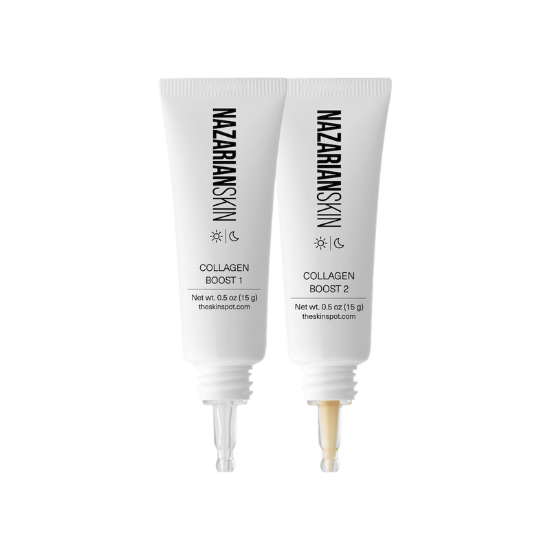 NazarianSkin collagen boost dual treatment with peptides and growth factors designed to improve firmness and reduce lines.