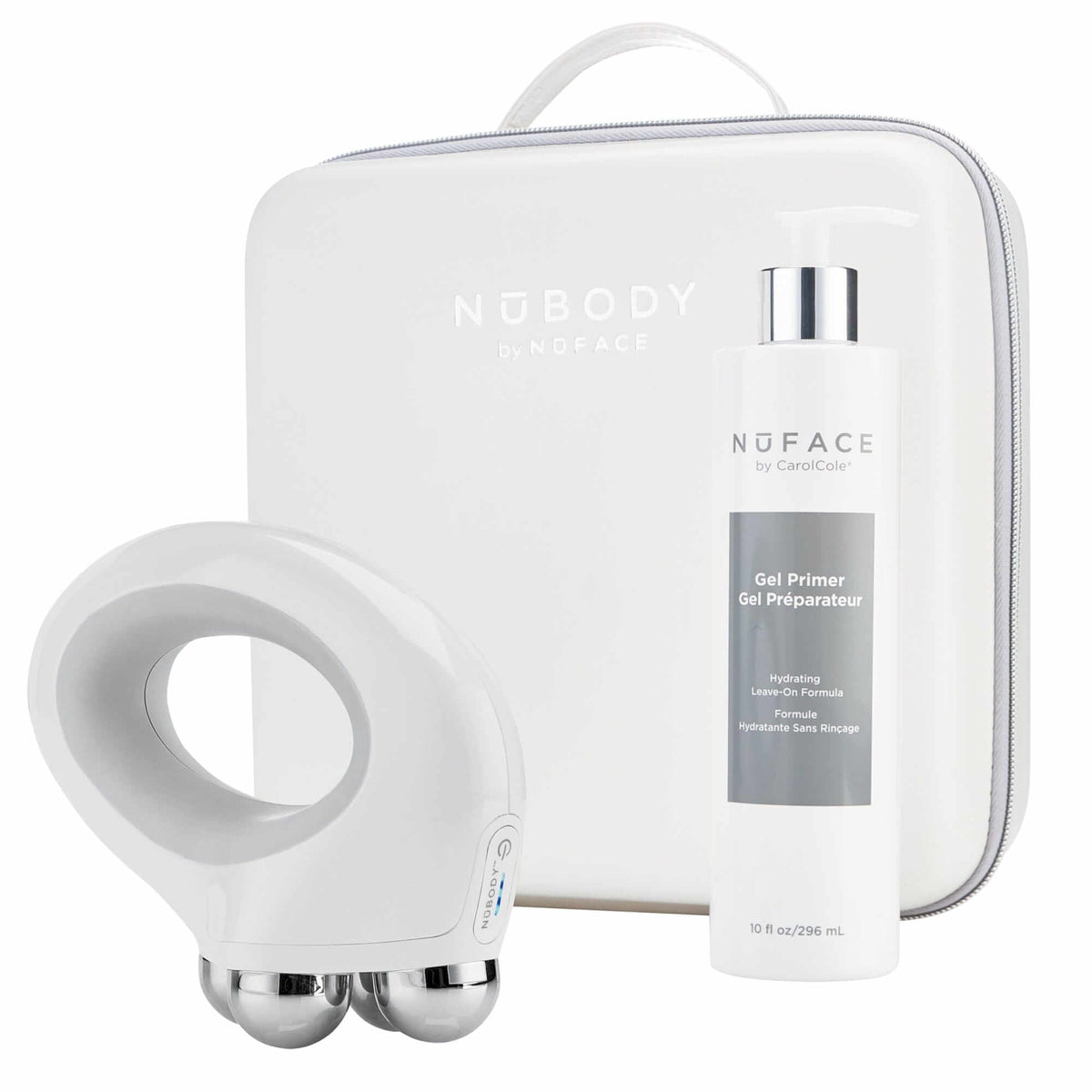 NuFACE NuBODY kit with body device, hydrating gel primer, and travel case for at-home microcurrent body toning treatment kit