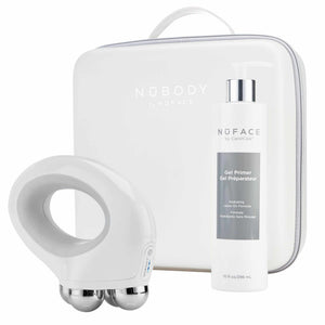 NuFACE NuBODY kit with body device, hydrating gel primer, and travel case for at-home microcurrent body toning treatment kit