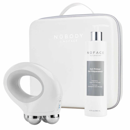 NuFACE NuBODY kit with body device, hydrating gel primer, and travel case for at-home microcurrent body toning treatment kit