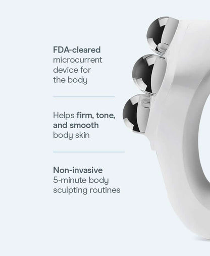 NuFACE NuBODY benefit graphic shows FDA-cleared microcurrent technology to firm, tone, and smooth body skin in five minutes.