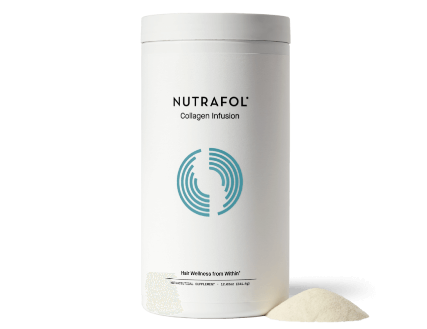 Nutrafol Collagen Infusion powder with marine collagen peptides, MSM, CoQ10 for hair, skin, nails, elasticity support daily.