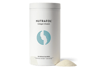 Nutrafol Collagen Infusion powder with marine collagen peptides, MSM, CoQ10 for hair, skin, nails, elasticity support daily.