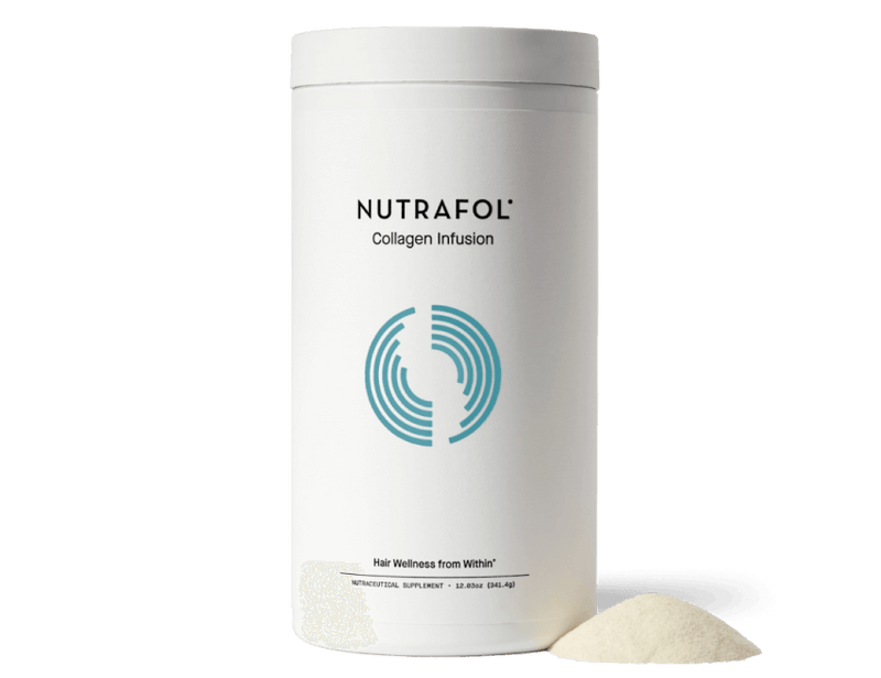 Nutrafol Collagen Infusion powder with marine collagen peptides, MSM, CoQ10 for hair, skin, nails, elasticity support daily.