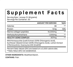 Nutrafol Collagen Infusion supplement facts show 10,000 mg marine collagen peptides, MSM, CoQ10, and healthy aging complex..