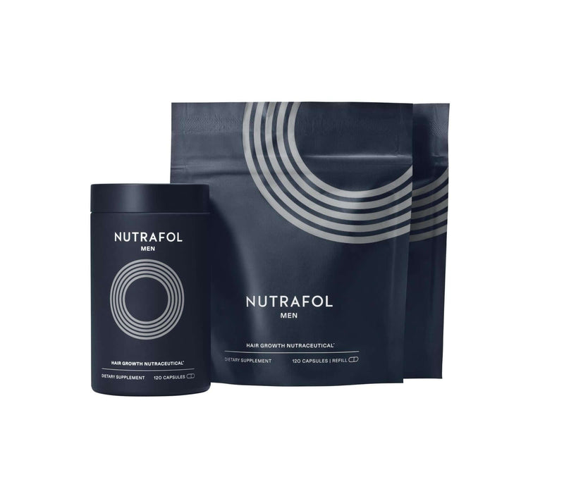 Nutrafol Core for Men 3 pack refill pouches and bottle support hair growth, thickness, quality, and less shedding over time.