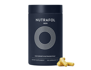 Nutrafol Core for Men hair growth supplement bottle with capsules, saw palmetto, collagen, curcumin, and biotin support use.
