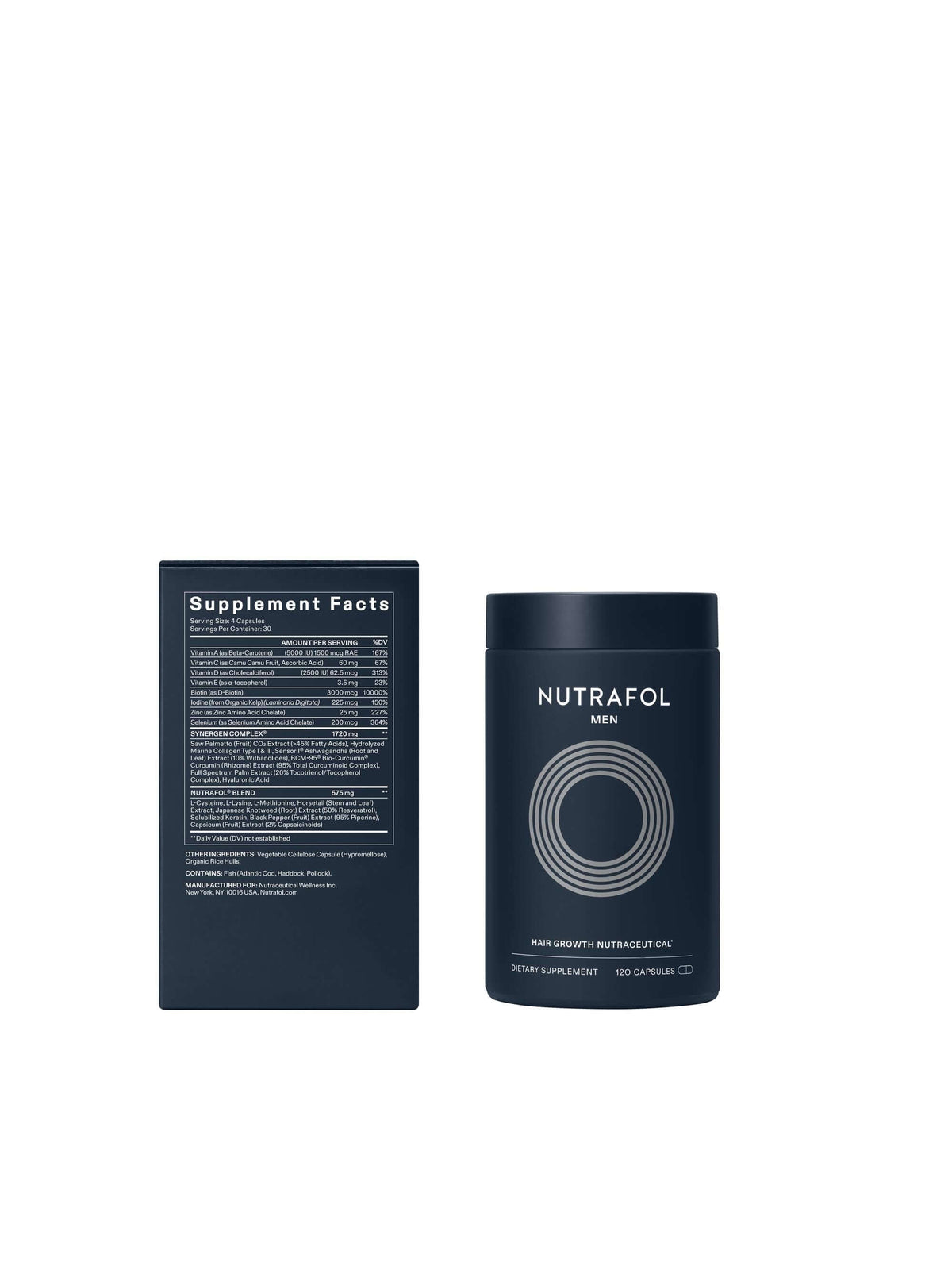 Nutrafol Core for Men supplement facts show saw palmetto, collagen, curcumin, tocotrienol, keratin, and biotin for hair use.