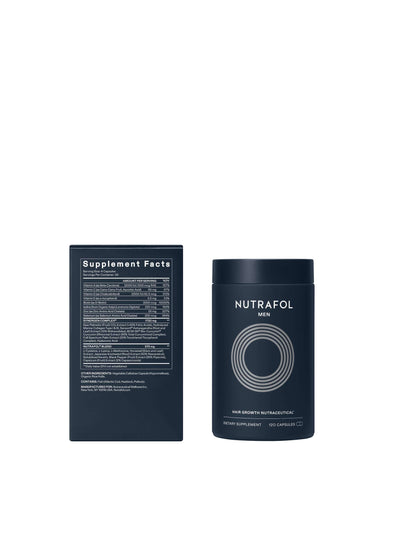 Nutrafol Core for Men supplement facts show saw palmetto, collagen, curcumin, tocotrienol, keratin, and biotin for hair use.