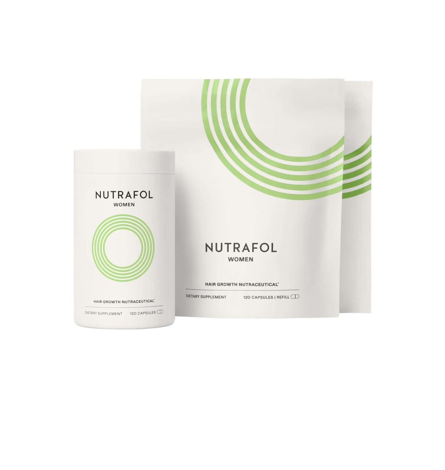 Nutrafol Core Women 3 pack refill pouches and bottle support thicker hair growth, strength, texture, shine, and density now.