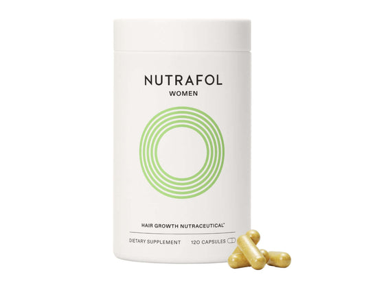 Nutrafol Core Women hair growth supplement bottle with capsules, ashwagandha, saw palmetto, collagen, biotin support use now