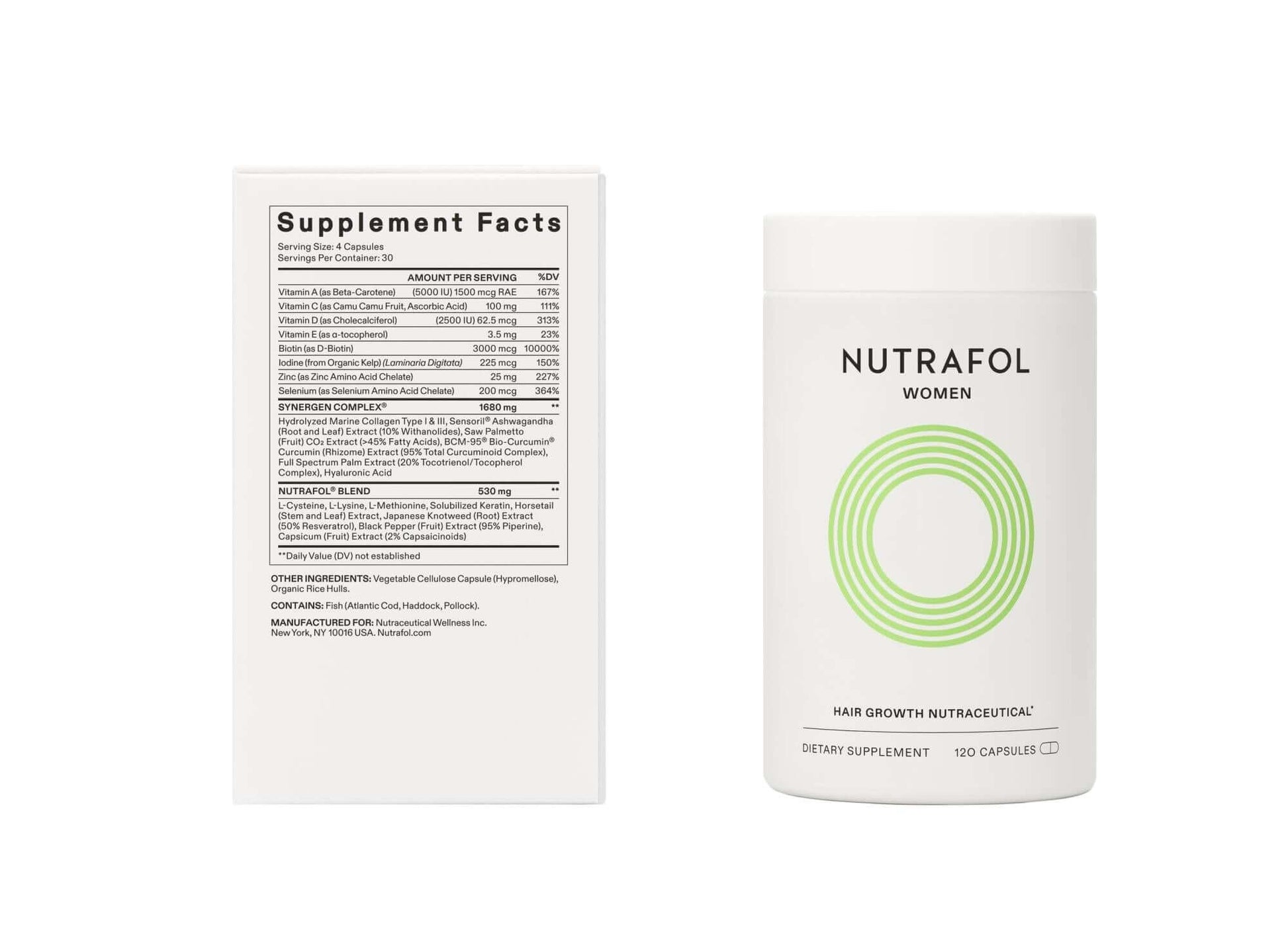 Nutrafol Core Women supplement facts show vitamins, marine collagen, ashwagandha, saw palmetto, curcumin, and biotin mix now