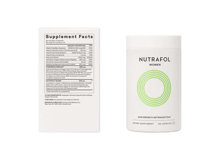 Nutrafol Core Women supplement facts show vitamins, marine collagen, ashwagandha, saw palmetto, curcumin, and biotin mix now
