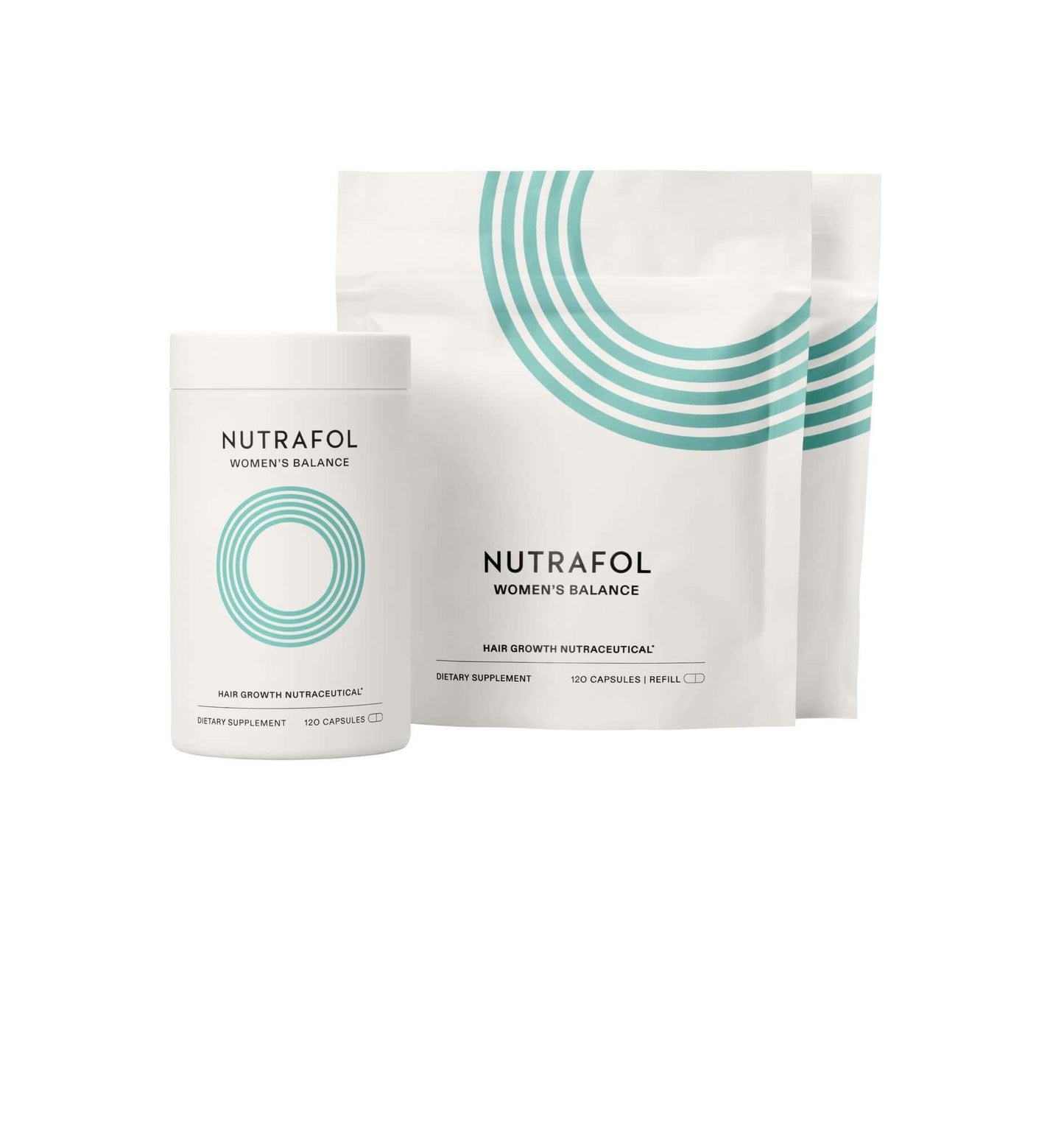 Nutrafol Women's Balance 3 pack with refill pouches supports thicker hair, less shedding, menopause balance, and aging hair.