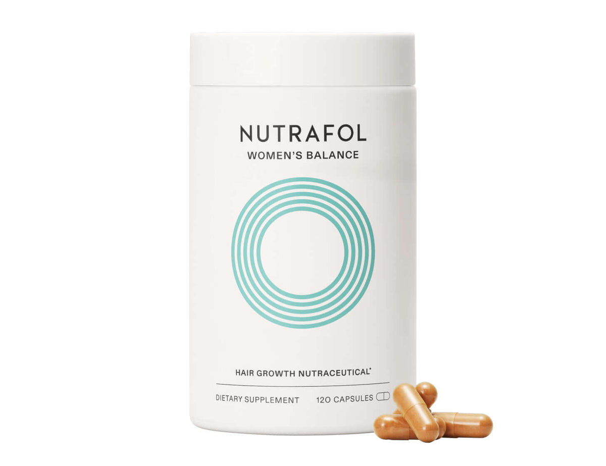 Nutrafol Women's Balance bottle with capsules supports thicker hair, menopause changes, stress, sleep, and stronger growth..