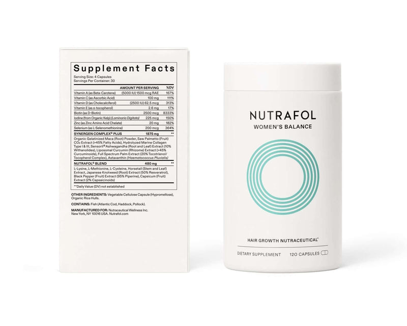 Nutrafol Women's Balance supplement facts show maca, saw palmetto, marine collagen, ashwagandha, curcumin, and biotin blend.