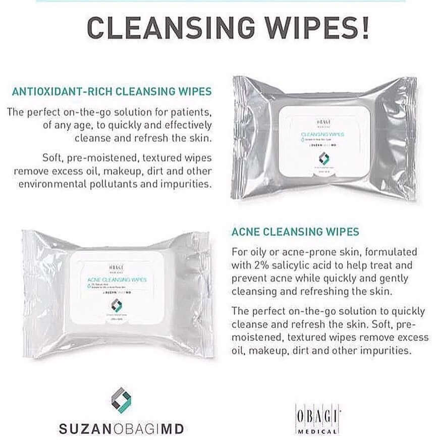 Obagi Cleansing Wipes infographic compares antioxidant and acne wipes for cleansing oil, makeup, dirt, and impurities daily.