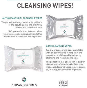 Obagi Cleansing Wipes infographic compares antioxidant and acne wipes for cleansing oil, makeup, dirt, and impurities daily.
