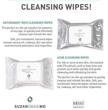 Obagi Cleansing Wipes infographic compares antioxidant and acne wipes for cleansing oil, makeup, dirt, and impurities daily.