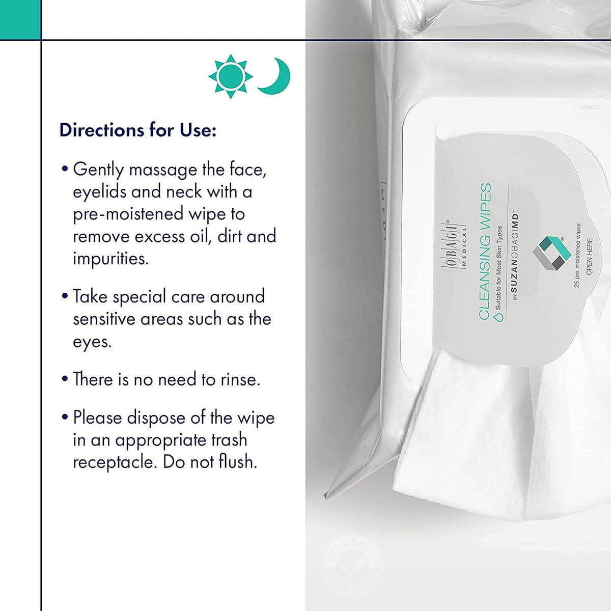 Obagi Cleansing Wipes directions graphic shows no-rinse use on face, eyelids, and neck to remove oil and impurities quickly.