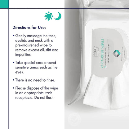 Obagi Cleansing Wipes directions graphic shows no-rinse use on face, eyelids, and neck to remove oil and impurities quickly.