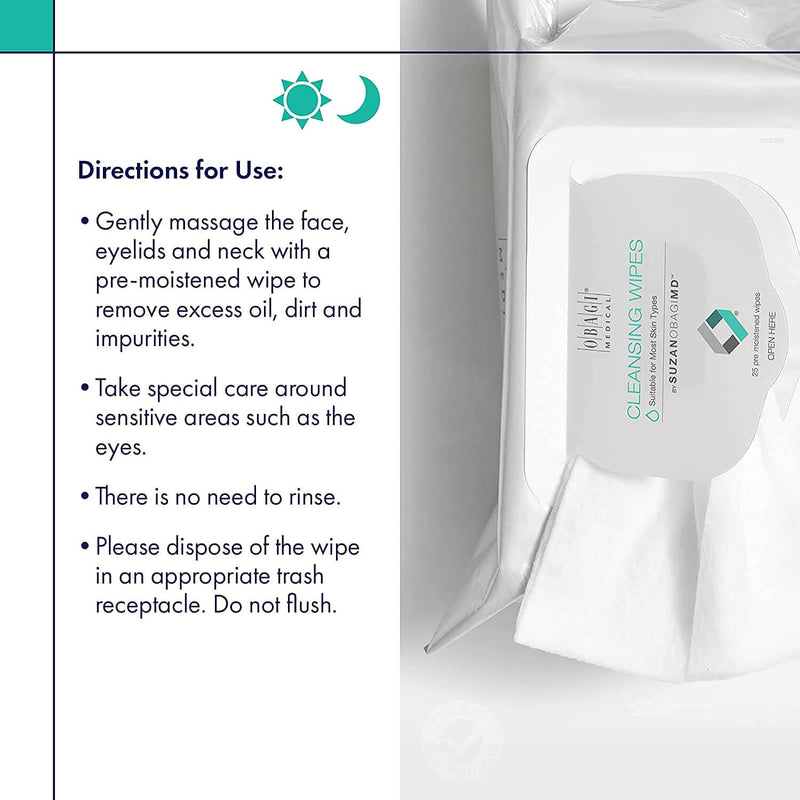 Obagi Cleansing Wipes directions graphic shows no-rinse use on face, eyelids, and neck to remove oil and impurities quickly.