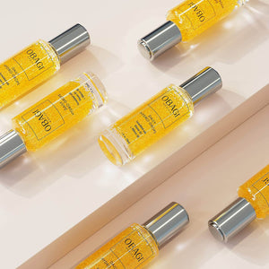 Obagi Daily Hydro-Drops flat lay shows golden facial serum with Vitamin B3 and Hibiscus oil for moisture barrier care uses..