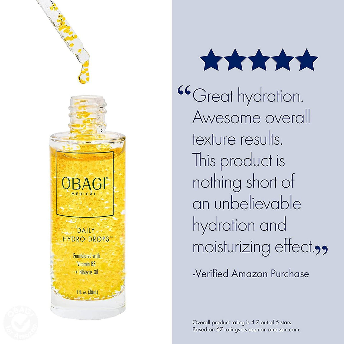 Obagi Daily Hydro-Drops graphic highlights hydration, smoother texture, and moisturizing effect with golden serum drops view