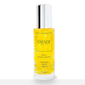 Obagi Daily Hydro-Drops bottle with Vitamin B3, Hibiscus oil, and Abyssinian oil to hydrate, soften, and smooth dry skin..