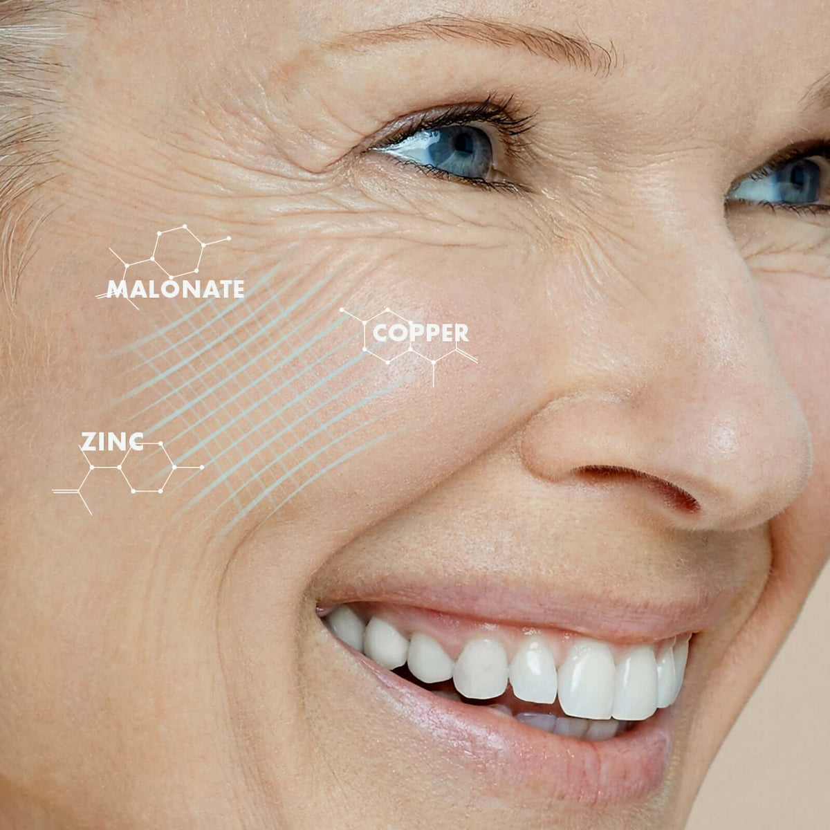 Obagi ELASTIderm Facial Serum graphic highlights malonate, copper, and zinc to support elasticity and firmer skin texture..