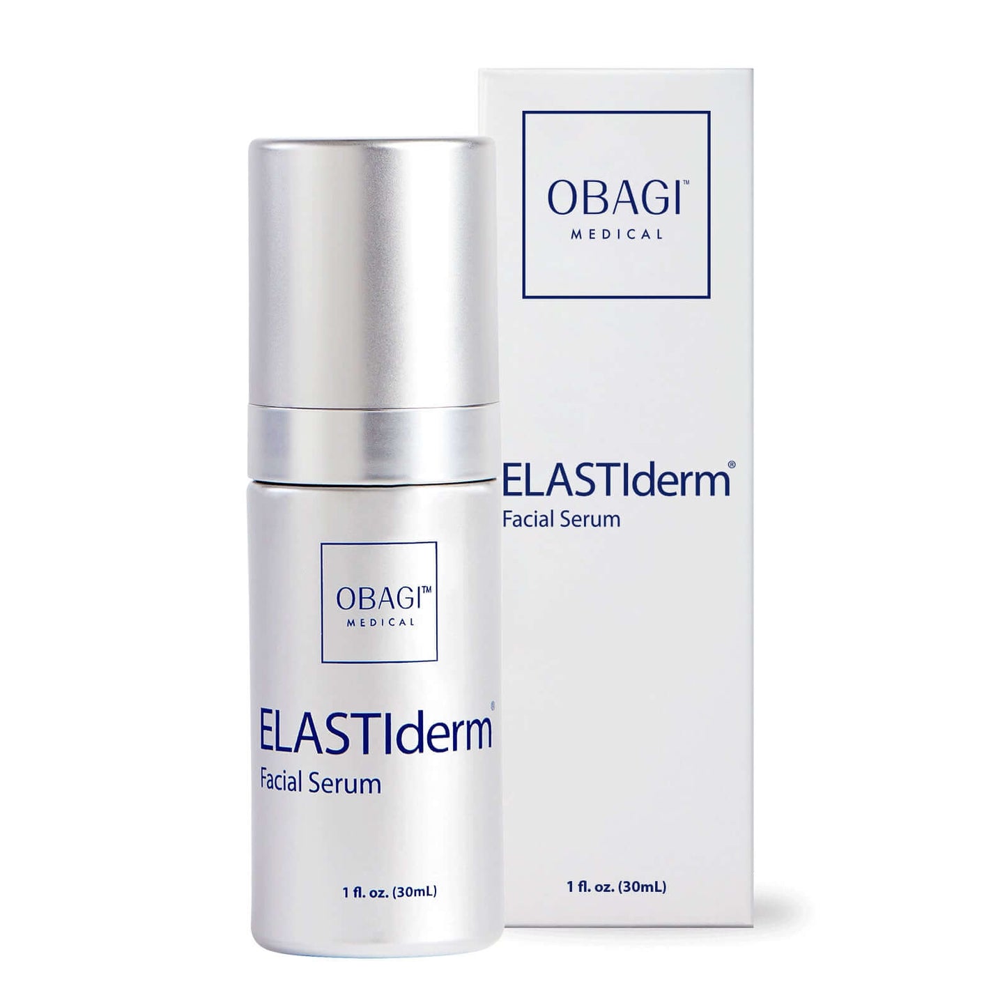 Obagi ELASTIderm Facial Serum and box with Bi-Mineral Contour Complex for firmness, bounce, and fine line care daily use..