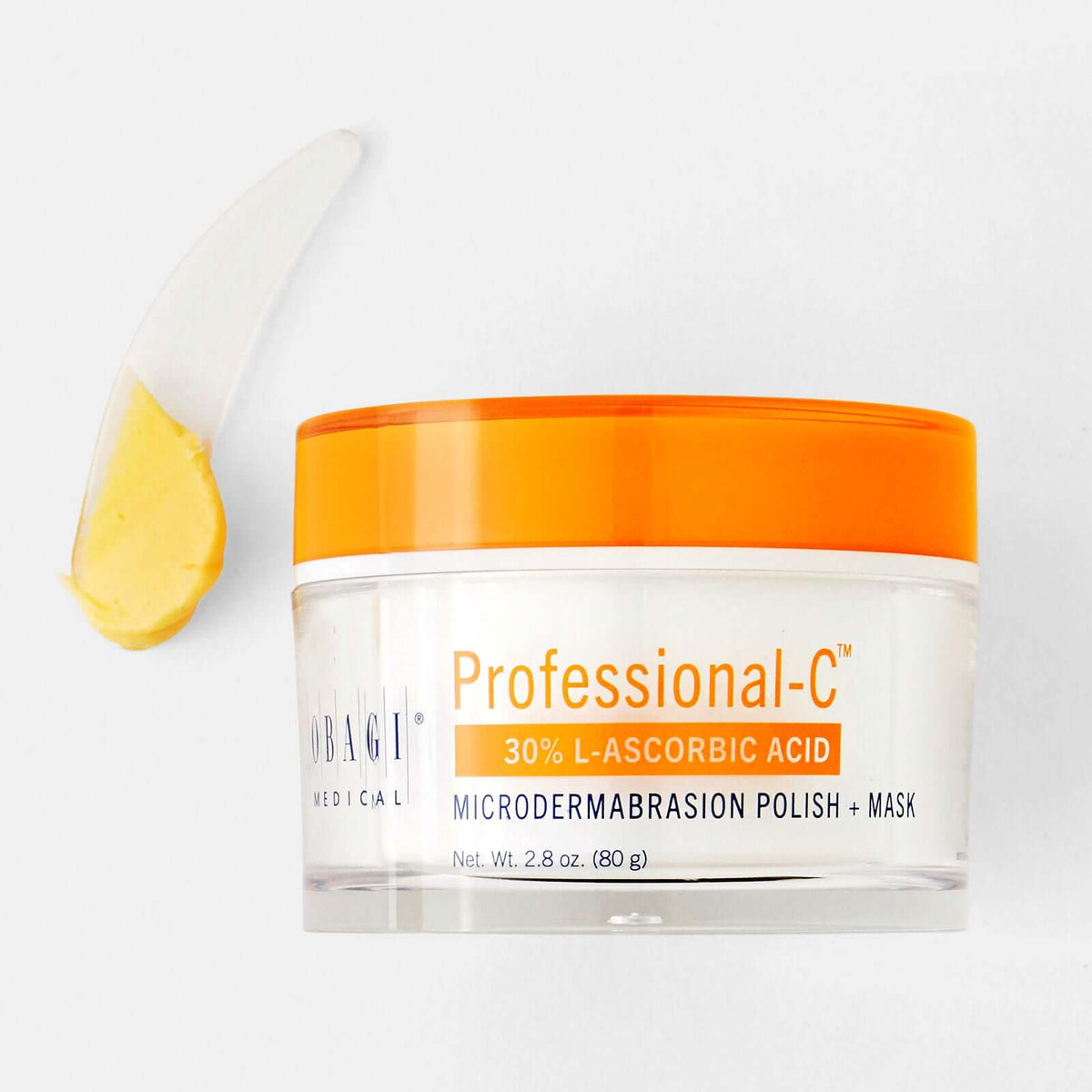 Obagi Professional-C Microdermabrasion Polish + Mask with yellow texture swipe showing vitamin C polish for dull skin care..