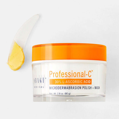 Obagi Professional-C Microdermabrasion Polish + Mask with yellow texture swipe showing vitamin C polish for dull skin care..