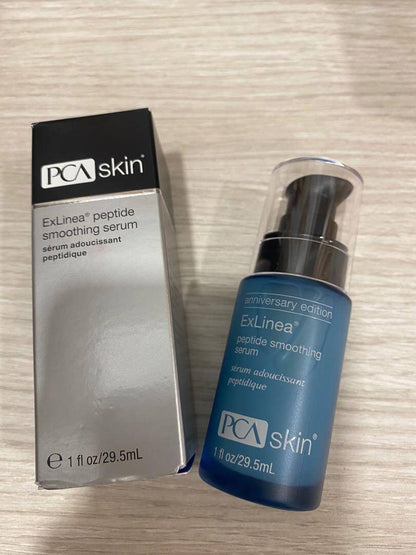 PCA Skin ExLinea Peptide Smoothing Serum with box and bottle shows targeted peptide care for expression lines and texture..