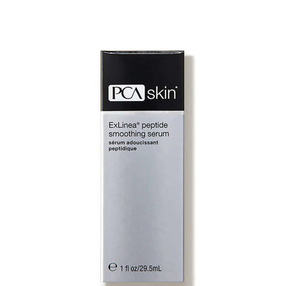PCA Skin ExLinea Peptide Smoothing Serum box shows peptide formula for fine lines, wrinkles, and smoother-looking skin care.