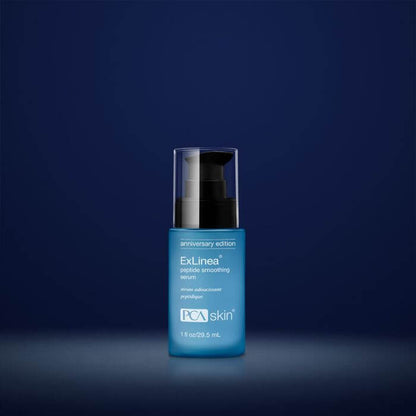PCA Skin ExLinea Peptide Smoothing Serum blue bottle on navy backdrop for peptide smoothing and firming wrinkle care use now