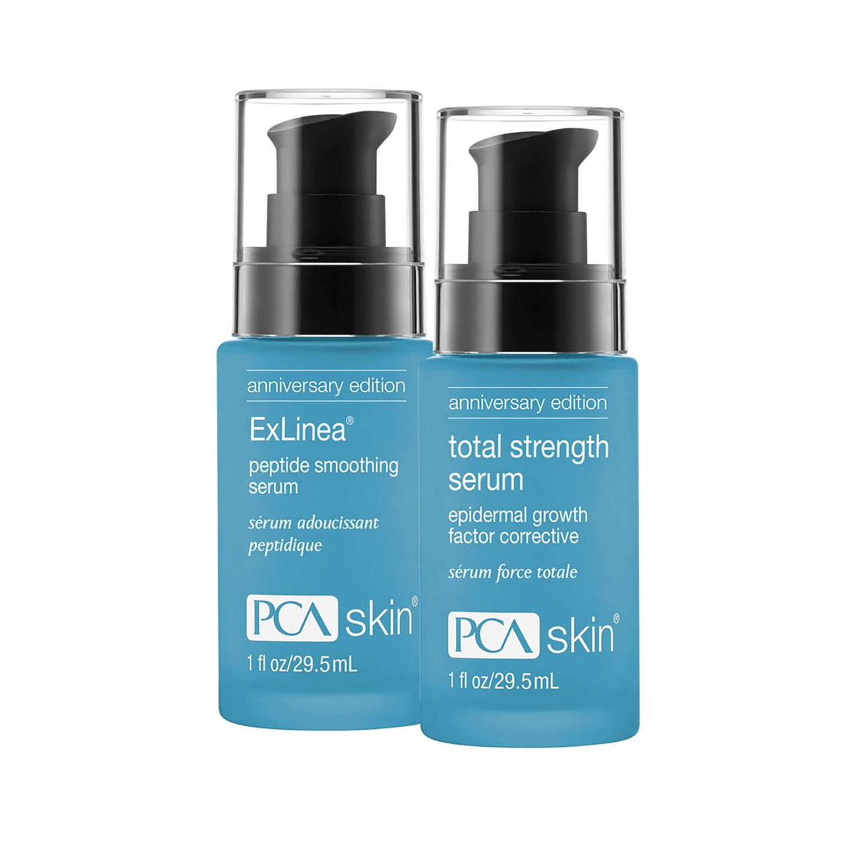 PCA Skin ExLinea and Total Strength serums show peptide and growth factor formulas for smoothing and firming skin care duo..