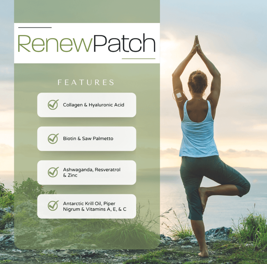 RenewPatch topical patch highlighting key ingredients for skin rejuvenation hair health and overall wellness support
