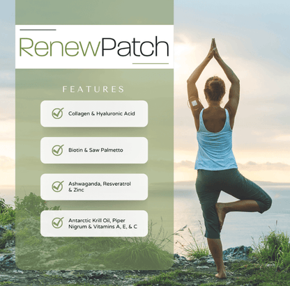 RenewPatch topical patch highlighting key ingredients for skin rejuvenation hair health and overall wellness support