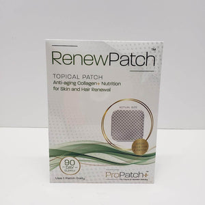 RenewPatch topical patch product box showing 90 day supply for anti aging skin and hair renewal support