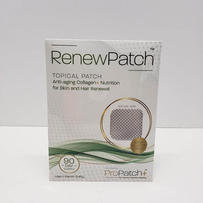 RenewPatch topical patch product box showing 90 day supply for anti aging skin and hair renewal support