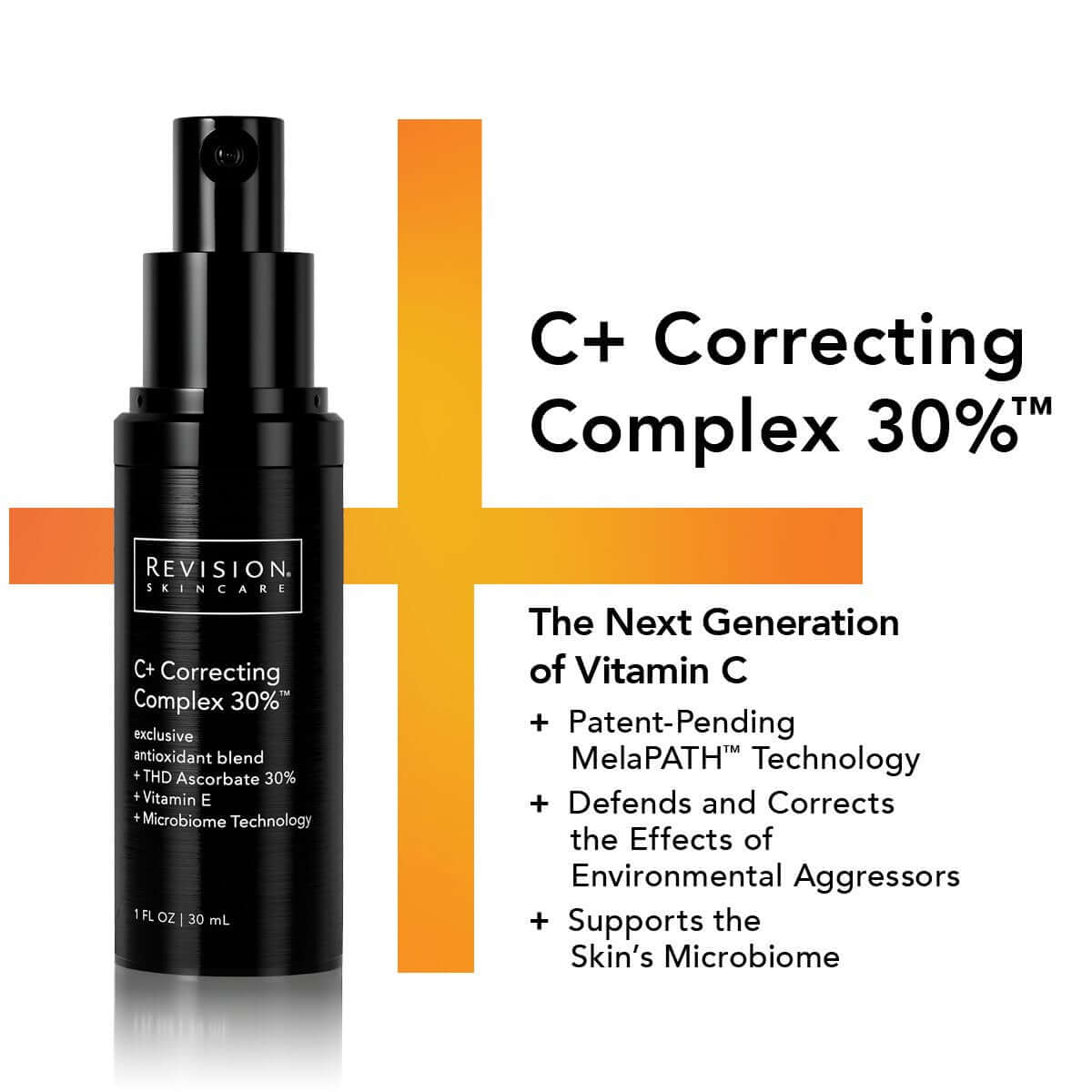 Revision Skincare C+ Correcting Complex 30% vitamin C serum graphic highlighting antioxidant and microbiome support