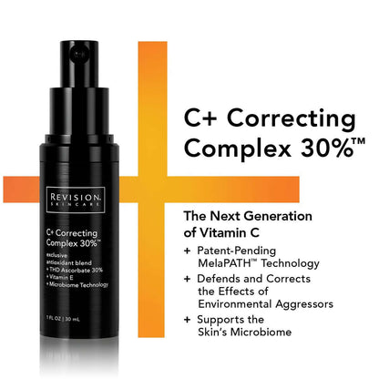 Revision Skincare C+ Correcting Complex 30% vitamin C serum graphic highlighting antioxidant and microbiome support