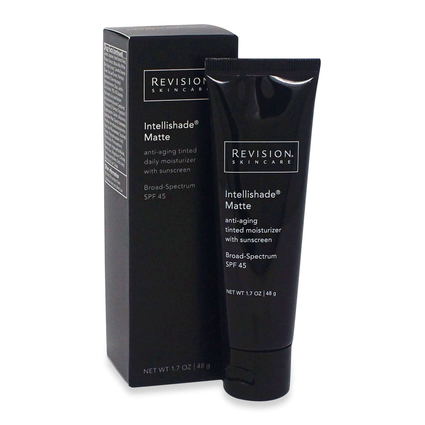 Revision Skincare Intellishade Matte SPF 45 tinted moisturizer tube with box broad spectrum sunscreen protection