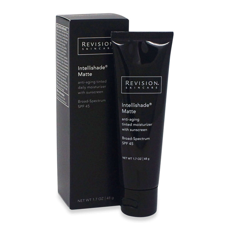 Revision Skincare Intellishade Matte SPF 45 tinted moisturizer tube with box broad spectrum sunscreen protection
